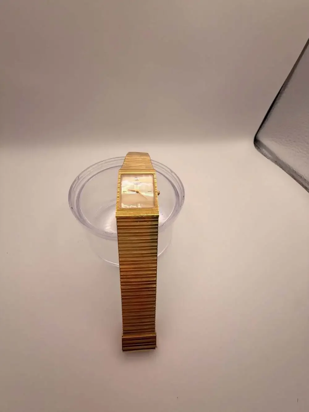 Bulova T1 Rectangular Mother-of-Pearl Quartz Watch with Gold-Tone Textured Strap